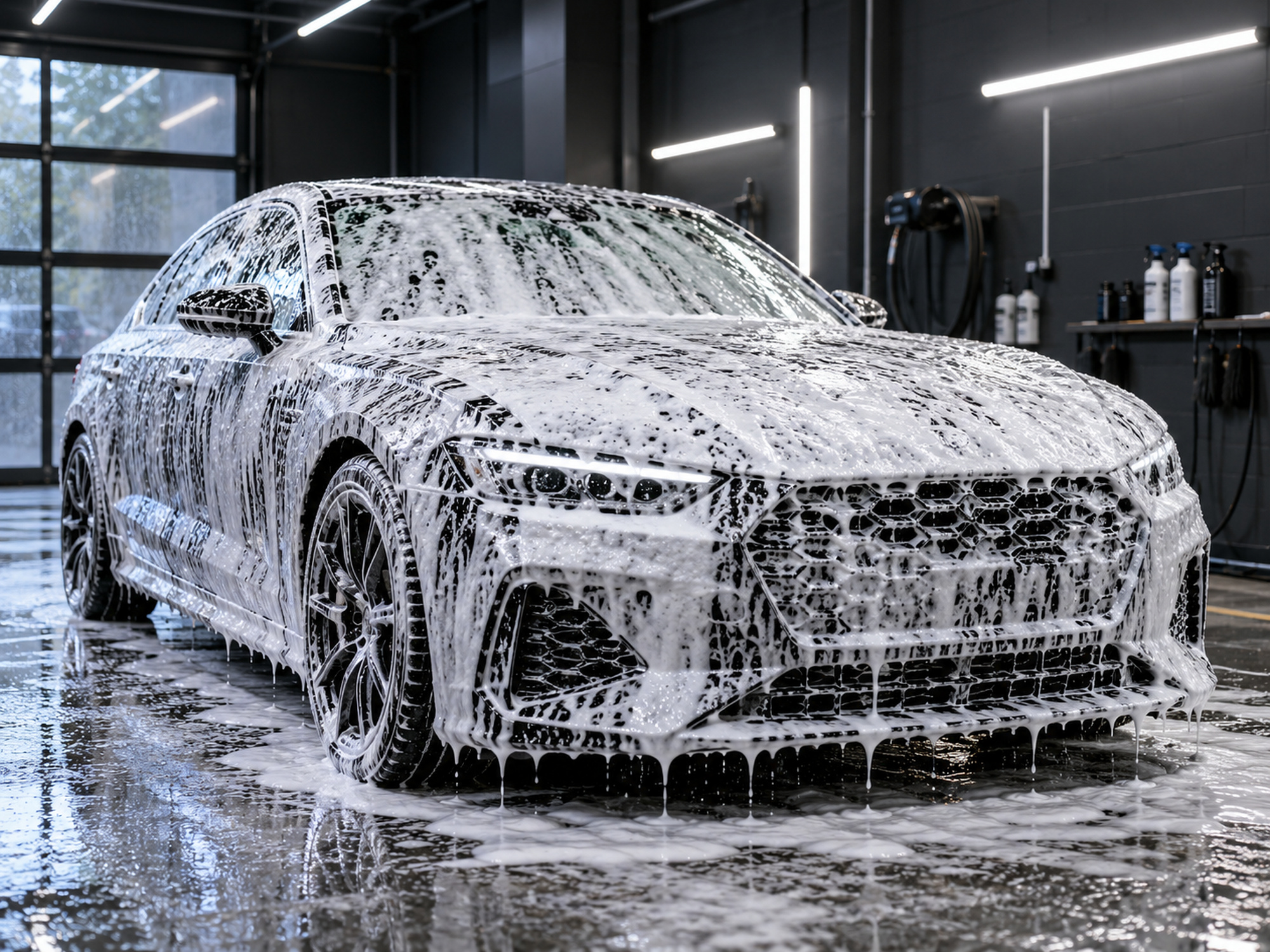 poste de lavage, mousse sur une voiture, éclairage LED